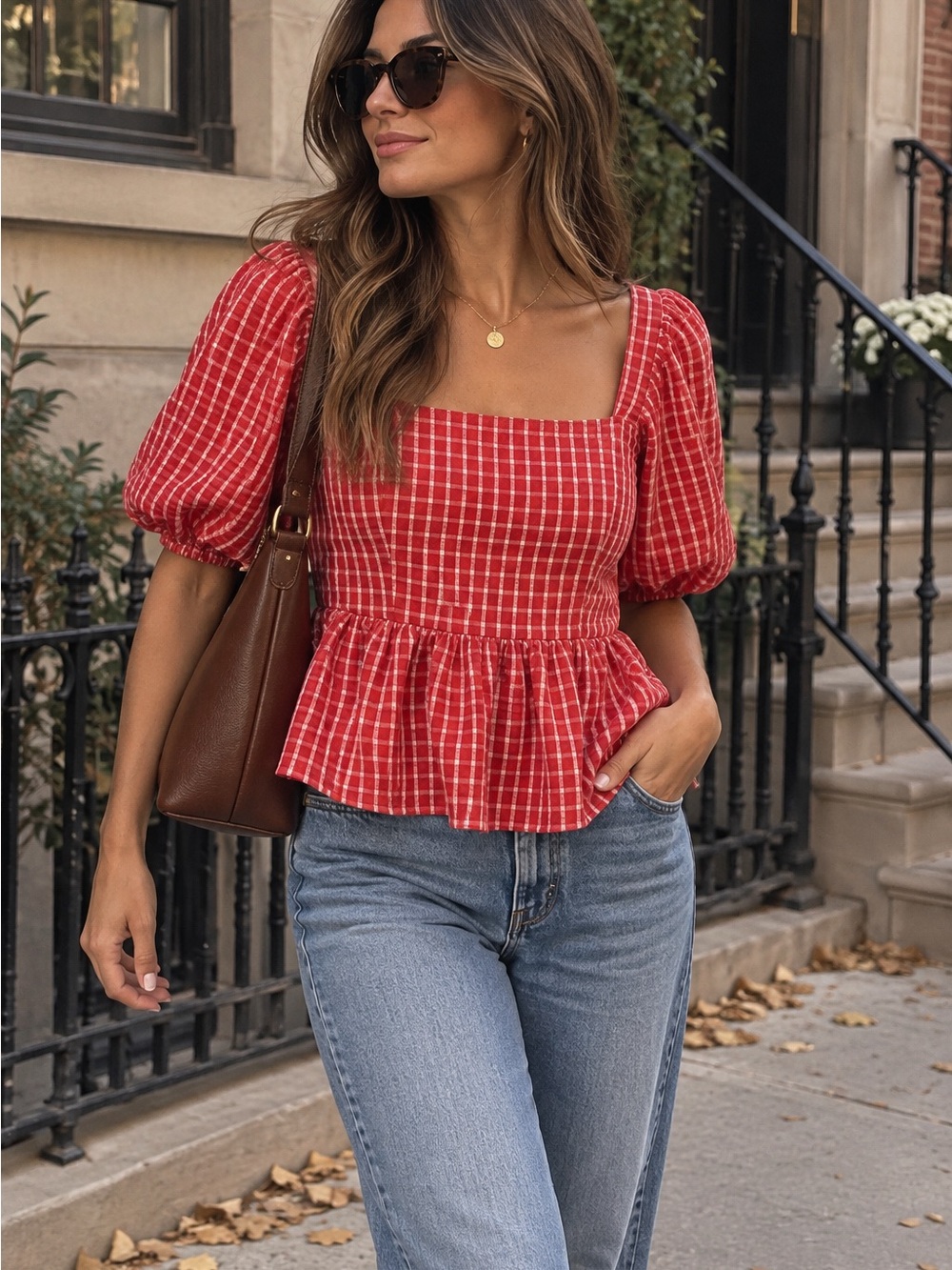 Moa Moa Red Checked Square-Neck Peplum Puff-Sleeve Top